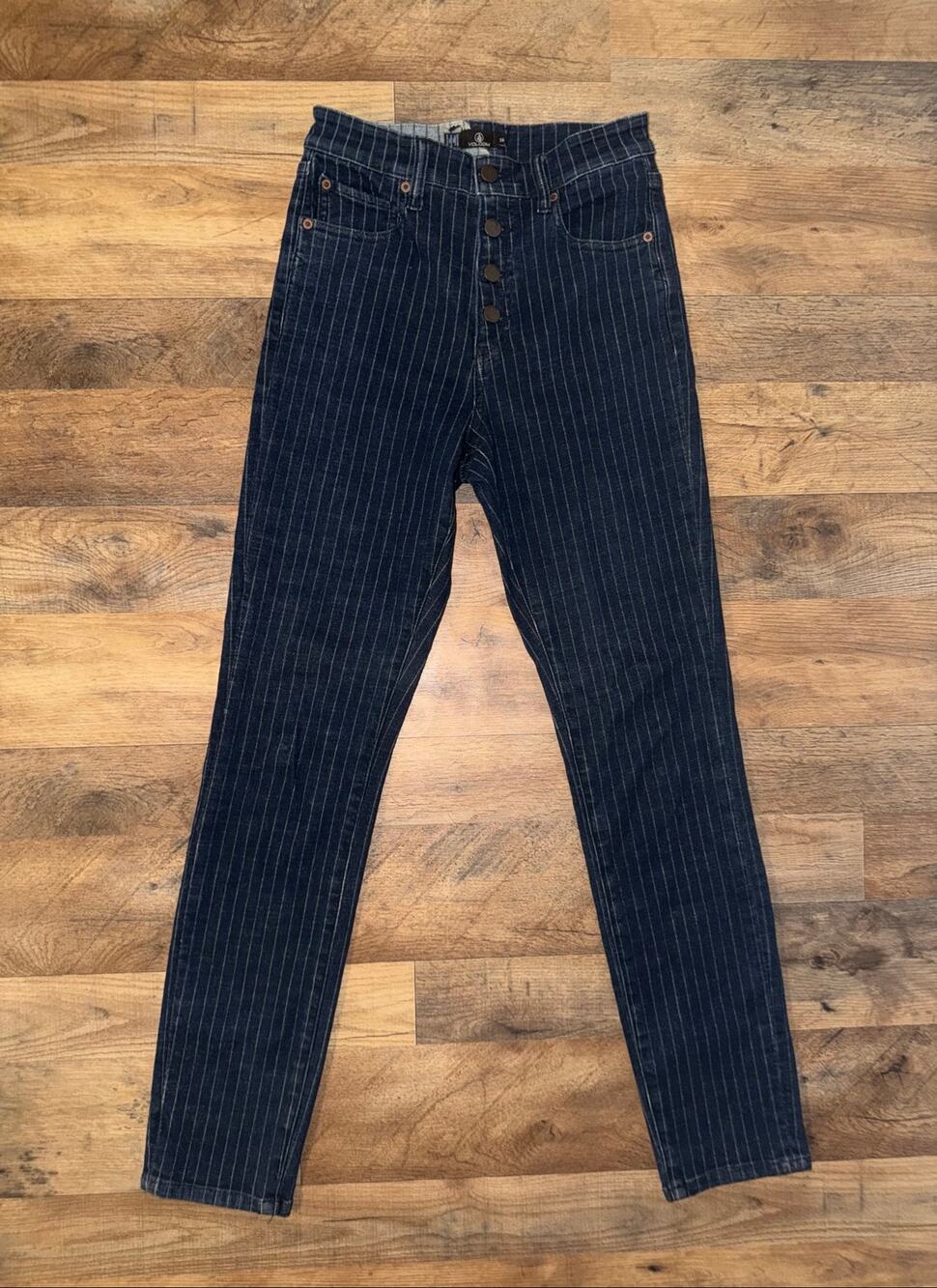 Volcom women’s super stoned skinny button closure pinned striped blue jeans